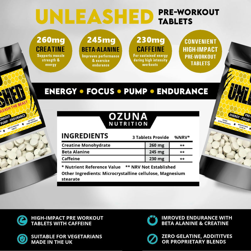 Unleashed Pre-Workout Supplement - Energy Pills with Beta Alanine, Caffeine & Creatine - Performance & Endurance - 100 Tablets