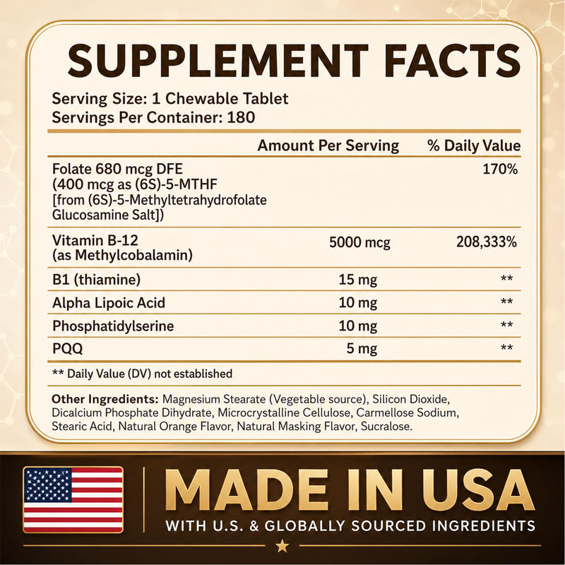 LIIFE Vitamin B12 (Methylcobalamin)+ PQQ 5000 mcg | 540 Chewable Tablets | Supports General Energy, Brain & Nervous System Health | Gluten Free | 1 Capsule per Serving* 180 Tablets（Pack of 3）