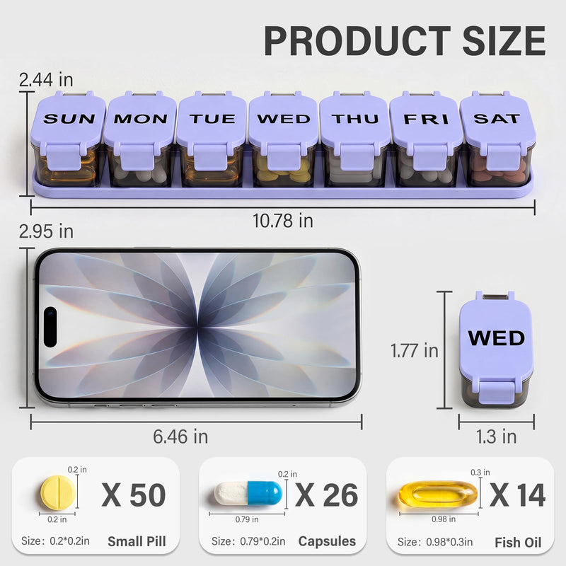 Yaklim Extra Large Weekly Pill Organizer, Detachable 1 Time a Day Pill Box | XXL 7 Detachable Compartments / Easy to Open & Fill / Waterproof Seals / For Big Vitamins & Supplements / Easy Readability Blackpurple+black
