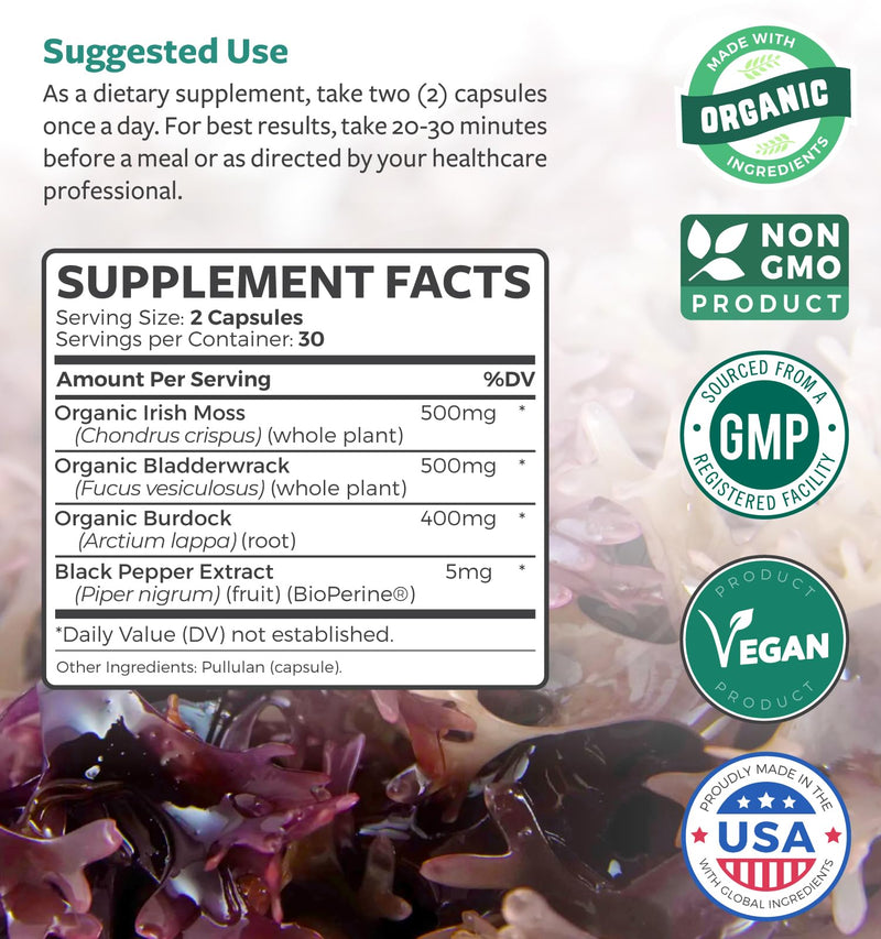 Bundle of Thyroid Support & Sea Moss - Sea Moss Thyroid Care Pack - Thyroid Support with Iodine (120 Caps) & Irish Sea Moss Capsules - Raw Vegan Supplement with BioPerine (Non-GMO & Organic)