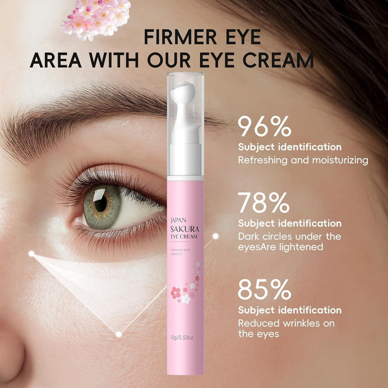 Sakura Eye Cream with 360° Cooling Massage Roller, Deep Hydration Serum with Caffeine+Vitamin C, Under Eye Cream Reduce Wrinkles, Fine Lines, and Bags, Dark Circles Under Eye Treatment, 0.53oz