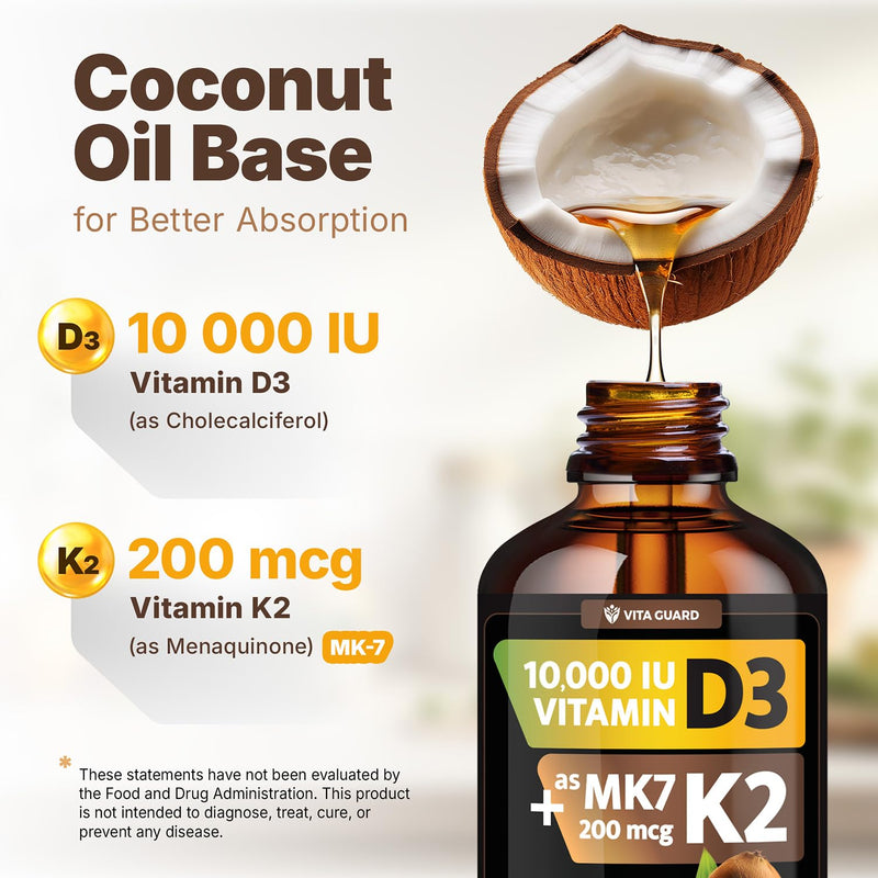 Vita Guard (2 Pack) Vitamin D3 K2 Liquid Drops 10,000 IU + 200 mcg MK-7 – High Absorption, Sugar-Free, Non-GMO, Bone & Immune Booster, Vegan Supplement with Coconut Oil – 60 ml (2 oz)