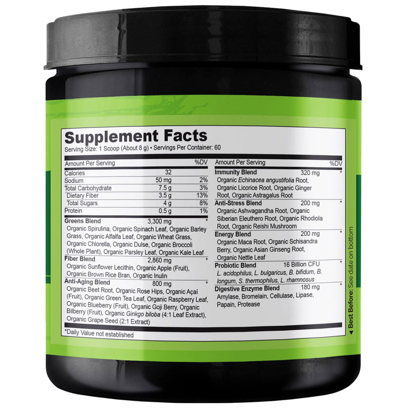 [Australia] - NATURELO Raw Greens Superfood Powder - Unsweetened - Boost Energy, Detox, Enhance Health - Organic Spirulina - Wheat Grass - Whole Food Nutrition from Fruits & Vegetables - 480 Grams 60 Servings (Pack of 1) 