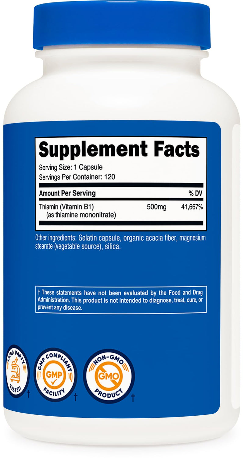 [Australia] - Nutricost Vitamin B1 (Thiamine) 500mg, 120 Capsules 120 Count (Pack of 1) 