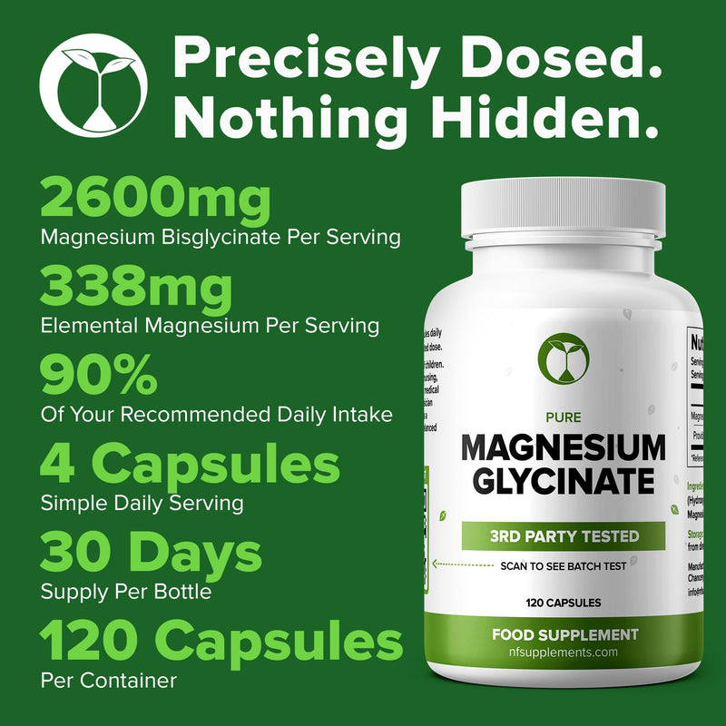 Magnesium Glycinate 2600mg – 120 Vegan Capsules | Sleep & Stress Support | 3rd Party Batch Tested | 338mg Elemental Magnesium | GMP Certified | Made in UK | Magnesium Bisglycinate (120) 120 count (Pack of 1)