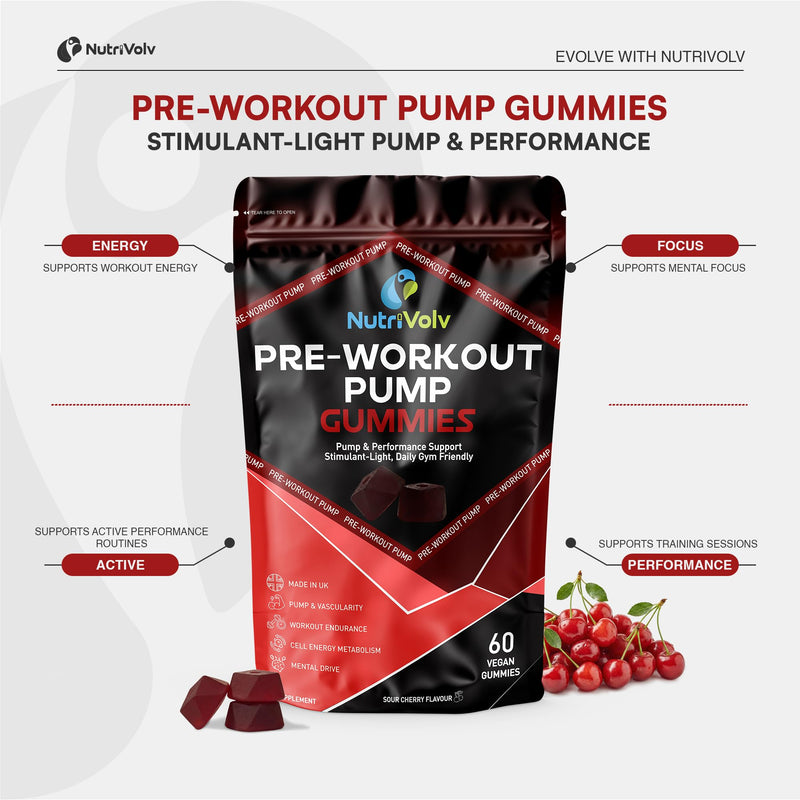 Pre-Workout Pump Gummies | 60 Vegan Gummies | L-Citrulline, Alanine, Beetroot, Ginseng & B12 | No Added Caffeine Pump & Energy Support, Fast-Acting | Sour Cherry | 30 Servings | UK Made | by NutriVolv