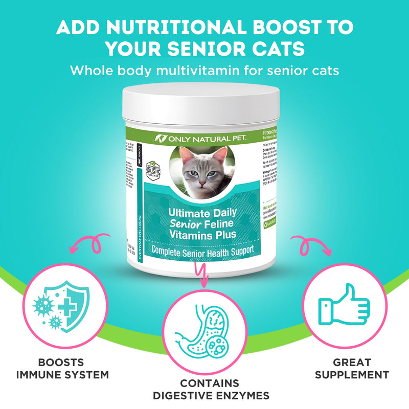 ONLY NATURAL PET Ultimate Daily Senior Feline Multivitamin w/Taurine & L-Lysine – Nutritional Supplement Powder for Adult & Older Cats – Immune & Joint Support – Complete Vitamin Formula, 3.2oz - PawsPlanet Australia
