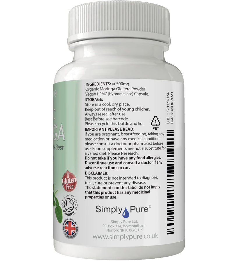 Organic Moringa Oleifera for Heart Health | 500mg Capsules x 90 | 100% Pure Soil Association Certified | Gluten Free | GM Free | Vegan