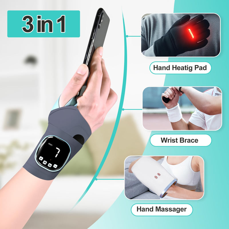 Electric Hand Massager with Heat, Cordless Wrist Heating Pad TES Muscle Stimulator for Pain Relief Therapy, Adjustable Length for Daily & Sports, Universal Left & Right Electric Hand Massager