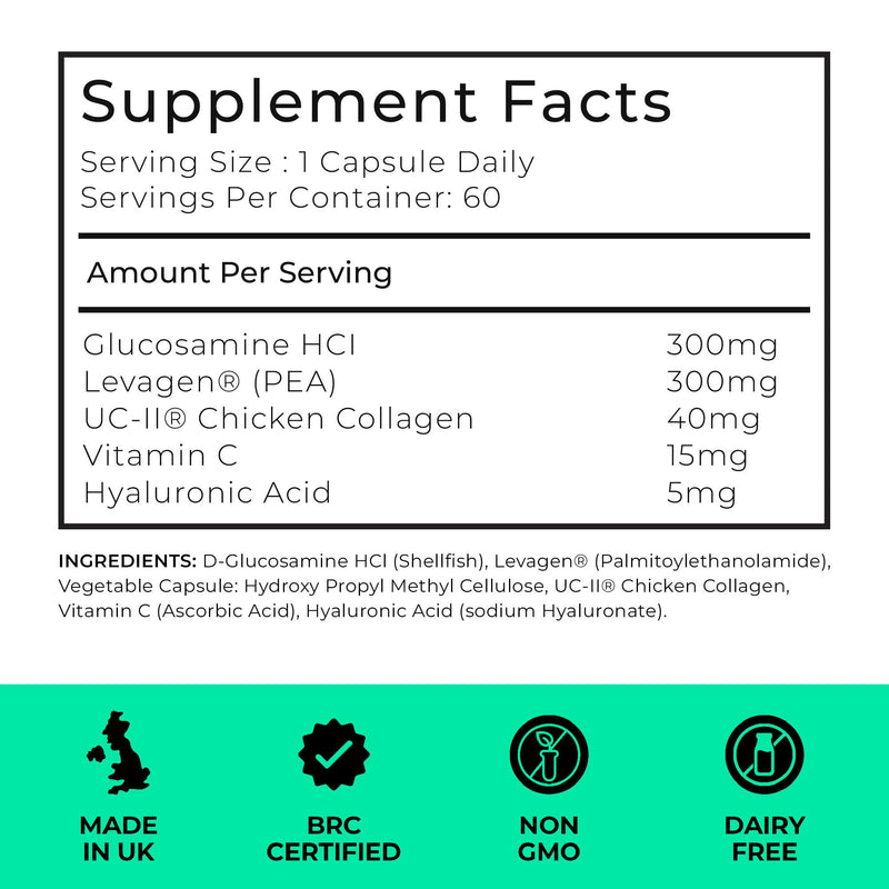 Joint Support Supplement by LLS, UC-II® Collagen, Levagen®, Hyaluronic Acid, Vitamin C, Joint Care & Pain Relief for Men & Women, Knee & Hip Mobility, 2 Month Supply, 60 Capsules, UK Made