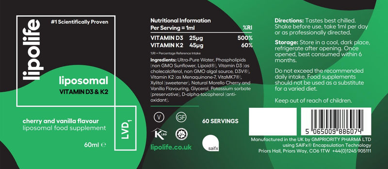 Liposomal Vegan Vitamin D3 and Vitamin K2 Liquid - Cherry & Vanilla Flavour. Advanced Nutrient Absorption. Made in the UK. 60 Servings. lipolife LVD1