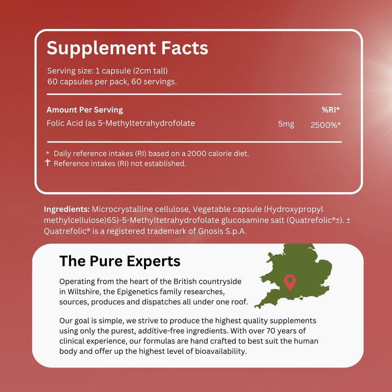 5-MTHF 5mg Quatrefolic® | Bioavailable 4th Generation Active Folate | High Strength Methylfolate | No Added Binders, Fillers or Additives | 60 Vegan Capsules UK Made