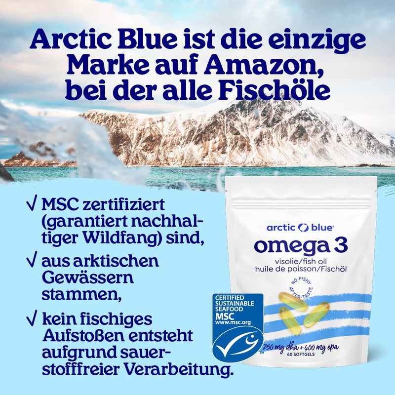 [Australia] - Arctic Blue Premium Fish Oil Capsules - 60 pieces - 1200 mg with 400 mg EPA & 250 mg DHA - high dosage, MSC certified - pure Alaska pollock oil in triglyceride form - low oxidation value 