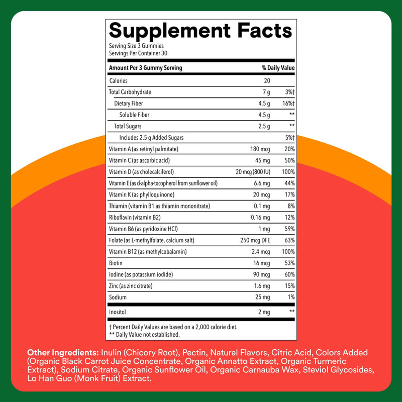 [Australia] - SmartyPants Kids Multivitamin & Fiber Gummies: Prebiotic Fiber to Support Kids Digestion with Vitamin D3, C, Vitamin B12, B6, A, Zinc, Biotin, Folate, Three Fruit Flavors, 90 Count (30 Day Supply) New Formula 90 Count (Pack of 1) 
