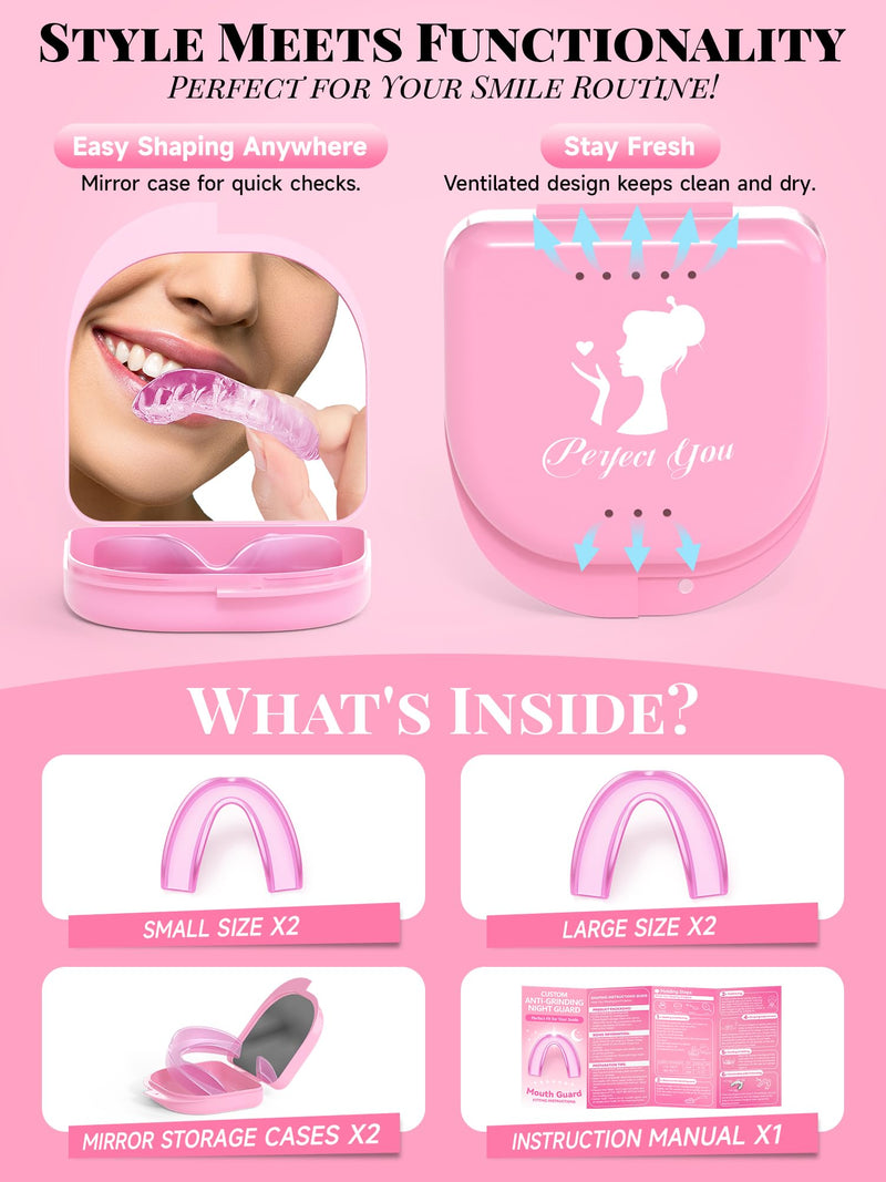 [Australia] - 4 Pack Pink Night Guards for Teeth Grinding and Clenching, Women Teeth Grinding Mouth Guard for Sleep with 2 Mirror Cases, Moldable Mouthguard for Women, Adults, Bruxism Relief 