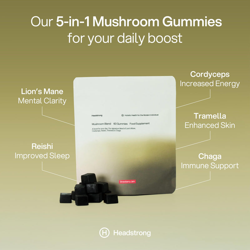 Headstrong Mushroom Gummies, 90% Active Compound Yield, Ultrasonic Triple Extract, Lions Mane, Reishi, Cordyceps, Tremella, Chaga - 2500mg Mushroom Extract, 60 High Strength Mushroom Gummies