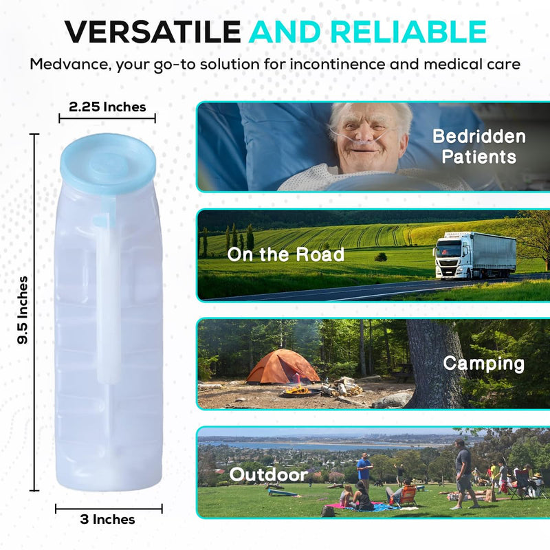 [Australia] - MedVance- Urinals for Men 1000ml with Glow in The Dark Spill Proof Pop Cap Lid, Plastic Pee Bottles for Men, Male Urinals, Pee Container Men, Portable Urinal for Car, Elderly & Incontinence (2 Pack) 