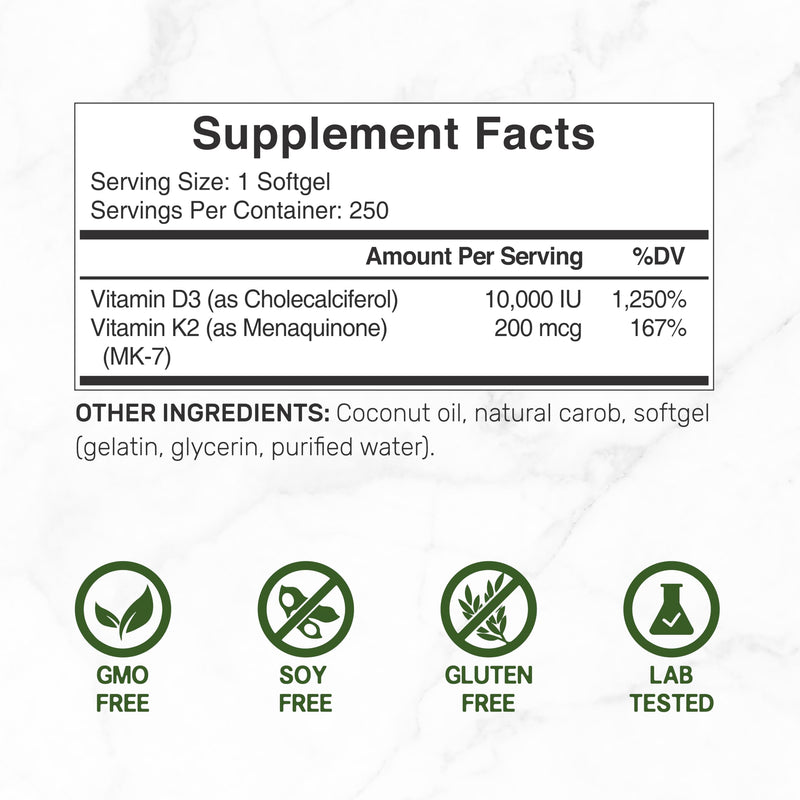 DEAL SUPPLEMENT Vitamin D3 10,000 IU + K2 MK7 200mcg Softgels, 250 Count | 2-in-1 Complex with Virgin Coconut Oil | Easy to Swallow