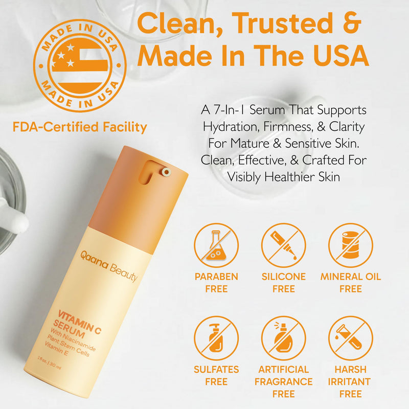 Qaana Super Vitamin C Face Serum for Mature Skin: 7-in-One Hydrating Anti-Aging Formula with Vitamin C, Hyaluronic Acid, Caffeine-Firming, Lifting, Targets Wrinkles, Dark Spots 1 fl oz