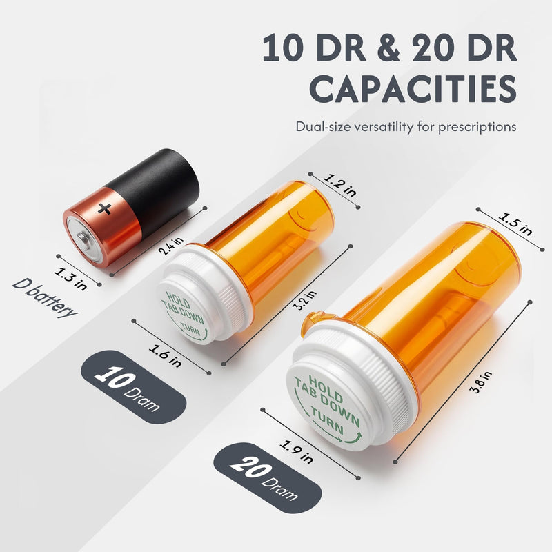 Zoeynex 12-Pack 10DR Amber Pill Bottles, Reversible Child-Resistant Caps | 37mL PP5 plastic vials, 16 writable labels, pocket-size travel bottles for tablets, capsules, vitamins and supplements 10 Dram (12 Pack)