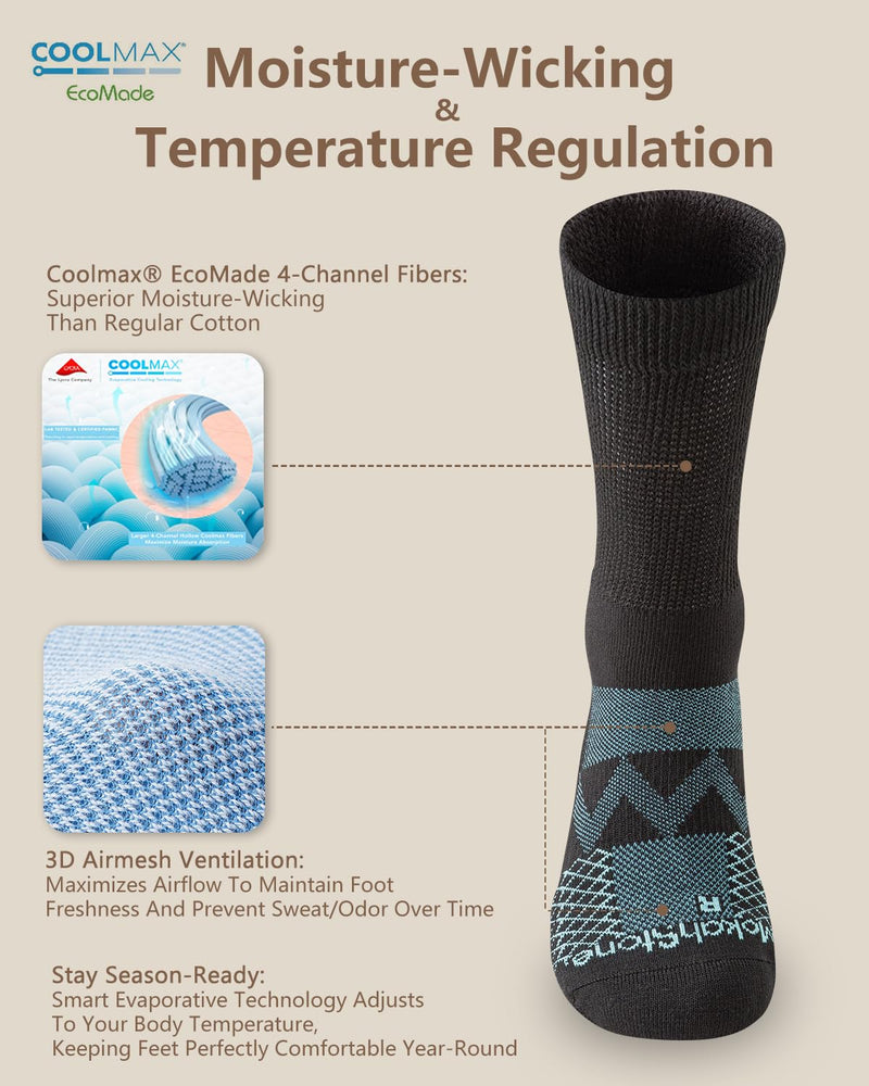 [Australia] - Diabetic Crew Socks for Men Women, COOLMAX LYCRA Moisture-Wicking Non-Binding Socks Neuropathy Sock, 3 Pairs Large Black 