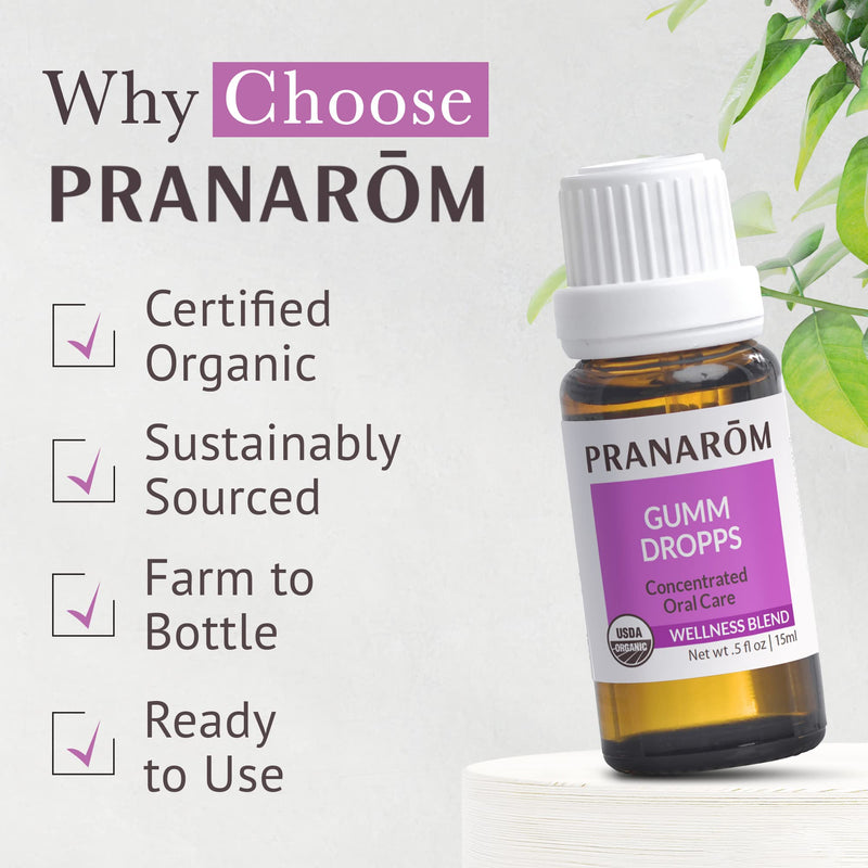 Pranarom Gumm Dropps Oral Care Blend 15 ml | Peppermint, thyme, clove, lemon and cinnamon blend for fresh breath and everyday gum care. Certified organic. 0.5 Fl Oz (Pack of 1)