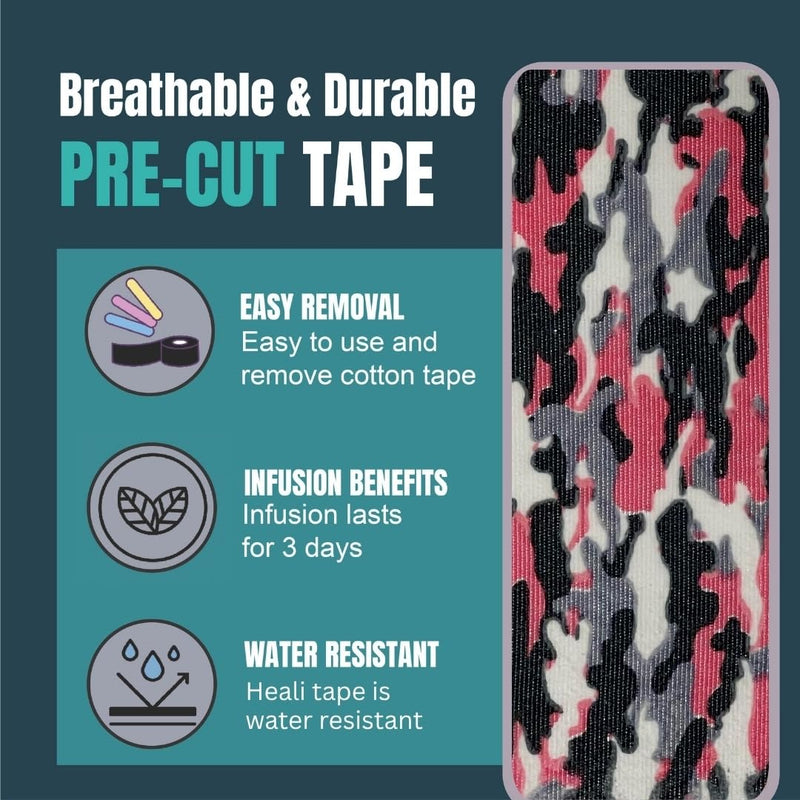 Heali Kinesiology Tape with Magnesium and Menthol, 20 Pcs Precut Strips, K Tape Roll, Knees, Sports Tape, Water Resistant - Eco - Pink Camo 1-Pack