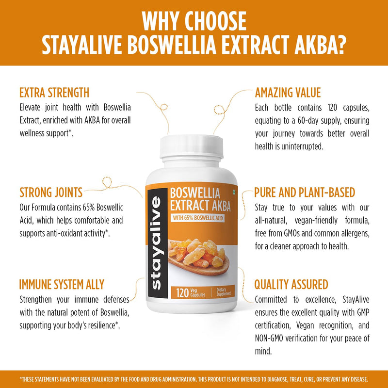 [Australia] - STAY ALIVE Boswellia Serrata Extract Capsules 1000mg with AKBA and 65% Boswellic Acid, 12:1 Resin Extract Powder, 120 Count for 2-Month Supply, Non-GMO and Gluten-Free Boswellia Supplement 