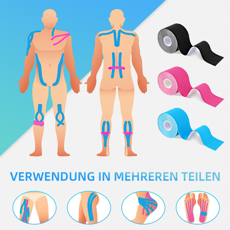 [Australia] - AUXHCYL Tape Sport Kinesio Tapes - 3 Kinesiology Tape Rolls, Classic Sports Tape, Professional Physio Tape, Skin-Friendly Medical Tapes for Shoulder, Knee and Ankle (5m x 5cm) 