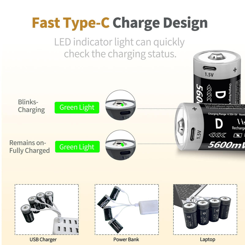 [Australia] - Rechargeable D Batteries 1.5V 5600mWh Lithium-ion Batteries with 4 in 1 USB-C Charging Cable, D Li-ion Batteries 1000 Cycles for Flashlight, Water Heater, Gas Stove (4 Pack) 