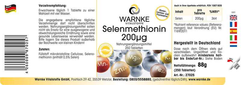 [Australia] - Selenium tablets - 200mcg - Selenomethionine - vegan - 250 tablets | Warnke vital substances - German pharmacy quality 