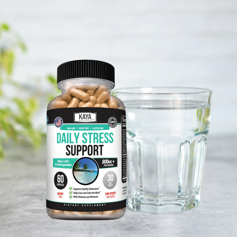 Kaya Naturals Daily Stress Support with Ashwagandha & GABA, 60 Capsules | Ashwagandha, GABA & L-Theanine, Rhodiola, Lemon Balm & Valerian, B Vitamins, Magnesium & Zinc, Daily Calm Support 1 Count (Pack of 60)
