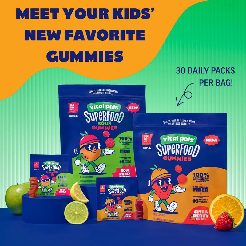 Citra-Berry Superfood Gummies for Kids, 16 Fruits & Veggies | Includes 30 Daily Packs for Ages 4+, Kids Multivitamin, Superfood Blend, Immune Support Citra-Berry