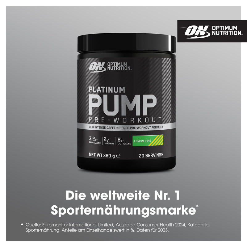 [Australia] - Optimum Nutrition Platinum PUMP Pre-Workout, Integratore Alimentare Pre-Workout Intenso Senza Caffeina con Fruitflow, Beta-Alanina, L-Arginina, L-Citrullina, Gusto Lime, 20 doses, 380 g 