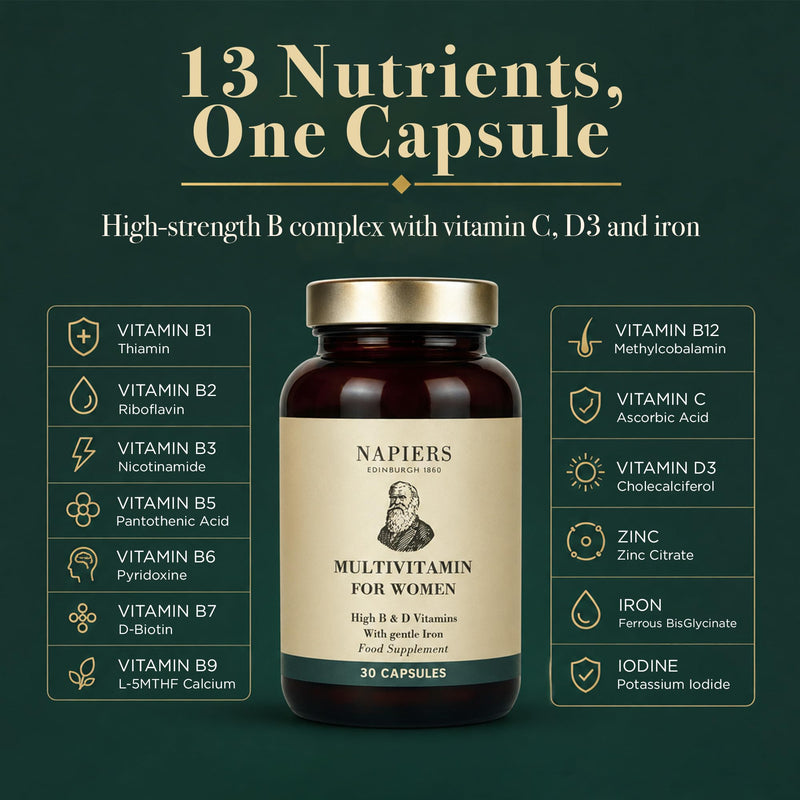 Napiers Multivitamin for Women - High Strength B Vitamin Complex with Vegan Vitamin D3, Vitamin C, Gentle Iron, Zinc, Iodine and Biotin - One a Day Womens Vitamins - 30 Capsules (1 Month Supply)