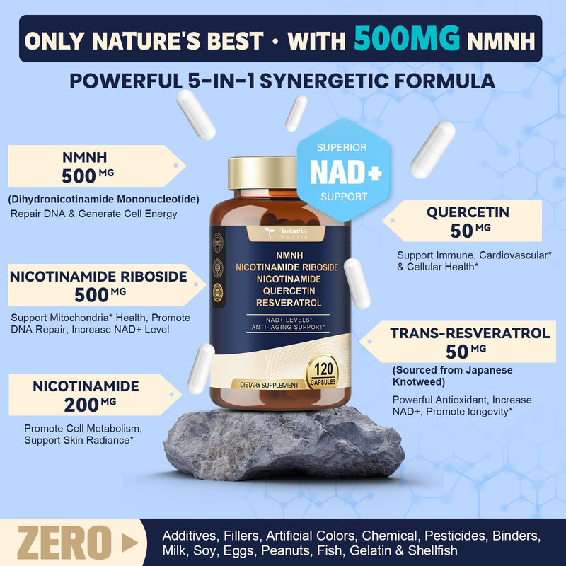 Totaria NMNH 500mg (Dihydronicotinamide Mononucleotide), Premium NMN Alternative Supplement w/Niacinamide (Vitamin B3), Quercetin, Trans-Resveratrol, for NAD+, Skin Cell, Anti-Aging & Energy, 120 Ct 120 Count (Pack of 1)