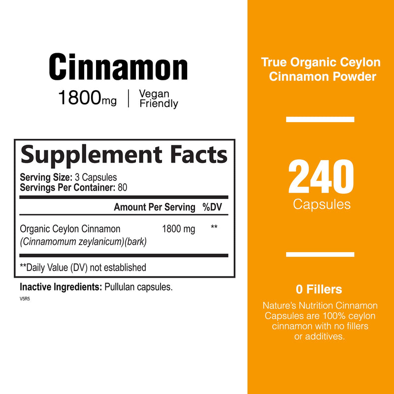 [Australia] - Pure Cinnamon Capsules, Certified Organic Ceylon Cinnamon Pills, Non-GMO, Gluten-Free, Dairy-Free, Sri Lanka Cinnamon Powder Supplement, Best Vegan True Cinnamomum Vitamins, Sugar Free - 240 Capsules 240 Count (Pack of 1) 
