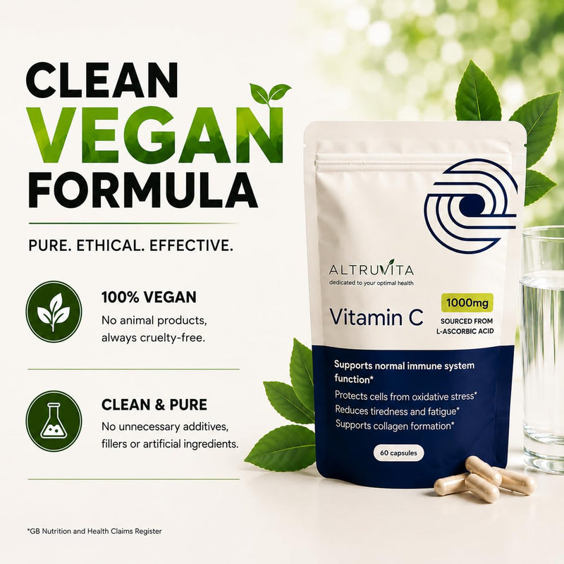 Vitamin C Supplement 1000mg, High Strength, High Absorption, Supports Immune Health, Antioxidant Protection, Reduces Fatigue, 60 Capsules, 2-Month Supply Vegan, Made in the UK 1000mg per capsule (Pack of 60)