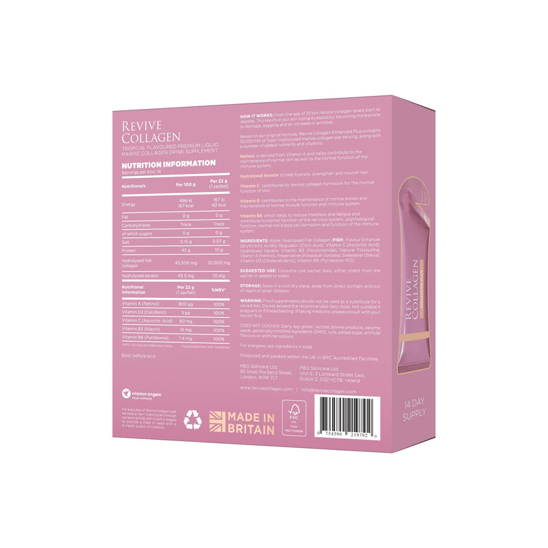 Revive Collagen Enhanced Plus 10,000mg Hydrolysed Marine Collagen Drink with Added Vitamin A & C for Healthy Skin, Hair, Nails & Joints | Tropical Flavour | 14 x Sachets 14 x Eco box