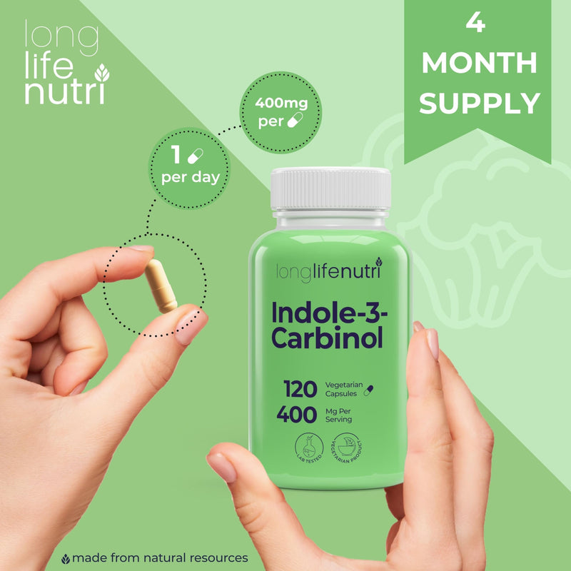 LongLifeNutri Indole-3-Carbinol 400mg - 120 Vegeterian Capsules, 4-Month Supply, Organic Supplement for Hormone Balance & Cellular Health, Lab Tested, Made in USA 120 Count (Pack of 1)