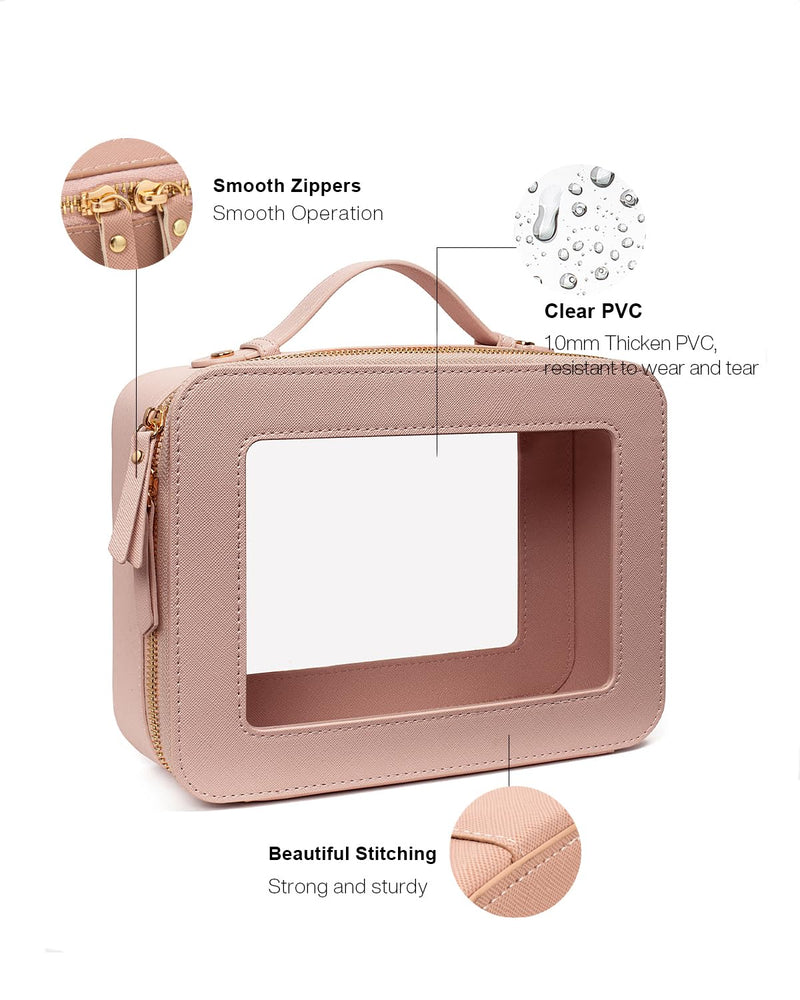 Travel Clear Makeup Bag Set, TSA Approved Cosmetic Bag Case with Zipper Portable Makeup Pouch Toiletry Bag Traveling Cosmetic Organizer Storage Bag Car Organizer Car Essentials Dual Dark Pink