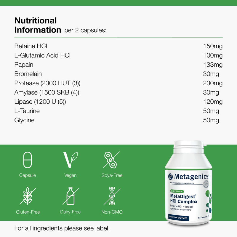Metagenics MetaDigest HCI Complex - HCI + Broad Spectrum Digestive Enzymes - Supports Digestion - 90 Capsules