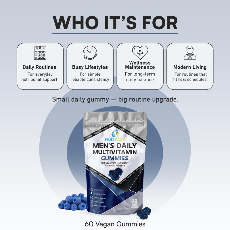 Men's Multivitamin Gummies | 60 Vegan Gummies | Vitamins A C D3 E B6 B12, Zinc, Selenium & Lycopene | Energy, Immune & Men's Wellness | Sugar Free | Blue Raspberry Flavour | UK Made | by NutriVolv