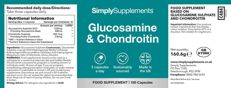 Glucosamine & Chondroitin | High Strength | Supports an Active Lifestyle | Marine Sourced | 3rd Party Tested | 180 Capsules = 2 Months' Supply | GMP-Certified & UK-Made Unflavoured 180 count (Pack of 1)