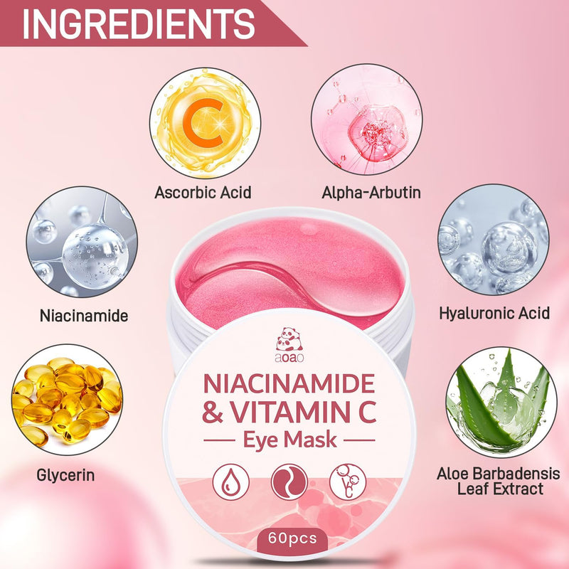 AOAO Revitalizing Niacinamide & Vitamin C Eye Masks, Brightening & Anti-Dark Circles, with Alpha-Arbutin & Hyaluronic Acid, Dark Circle Corrector, Pink Hydrating Under Eye Patches, 60 Pcs