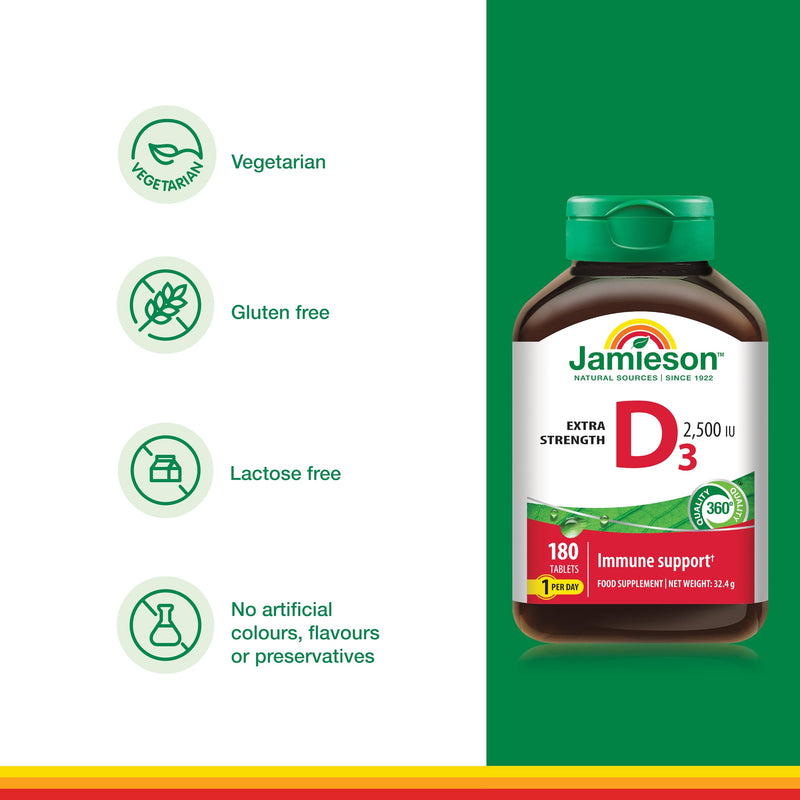 Jamieson Vitamin D3 2,500 IU Tablets, High Potency, Extra Strength, Supports Immune Health, Muscle Function, Bones, & Teeth Vegetarian, Gluten-Free, No Artificial Colours, or Flavours, 180 Count