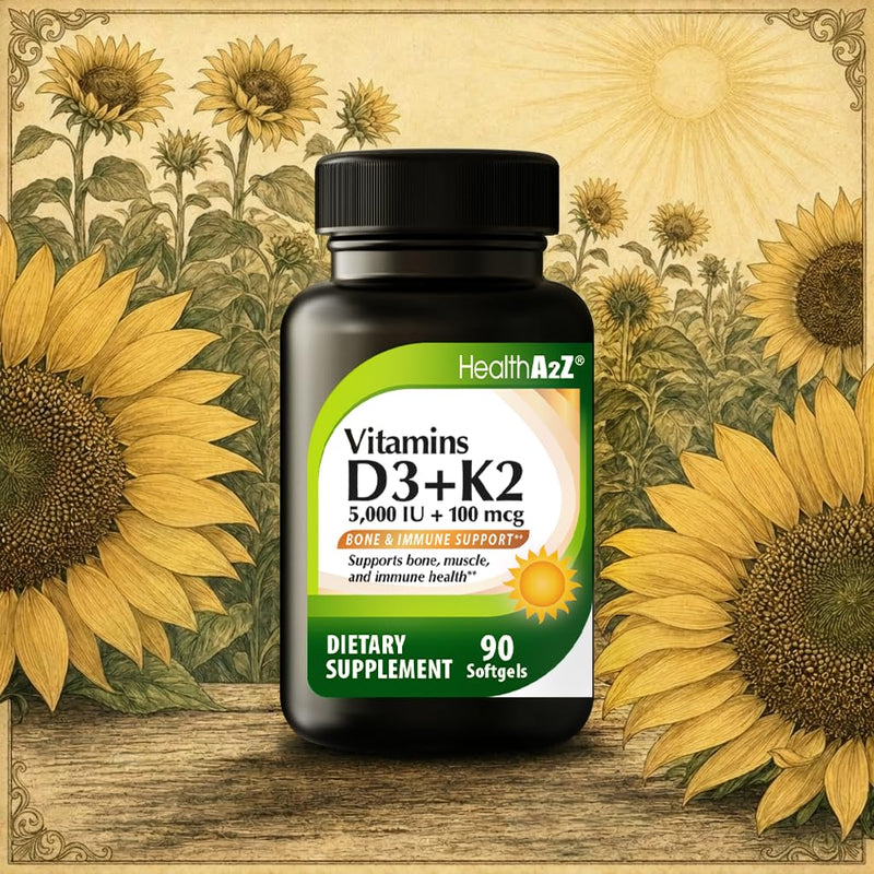 HealthA2Z® Vitamin D3 (5,000 IU) + K2 (100 mcg), 90 Softgels, Pack of 1 | Helps Calcium Absorption, Supports Bones & Teeth, Mood & Immune Health