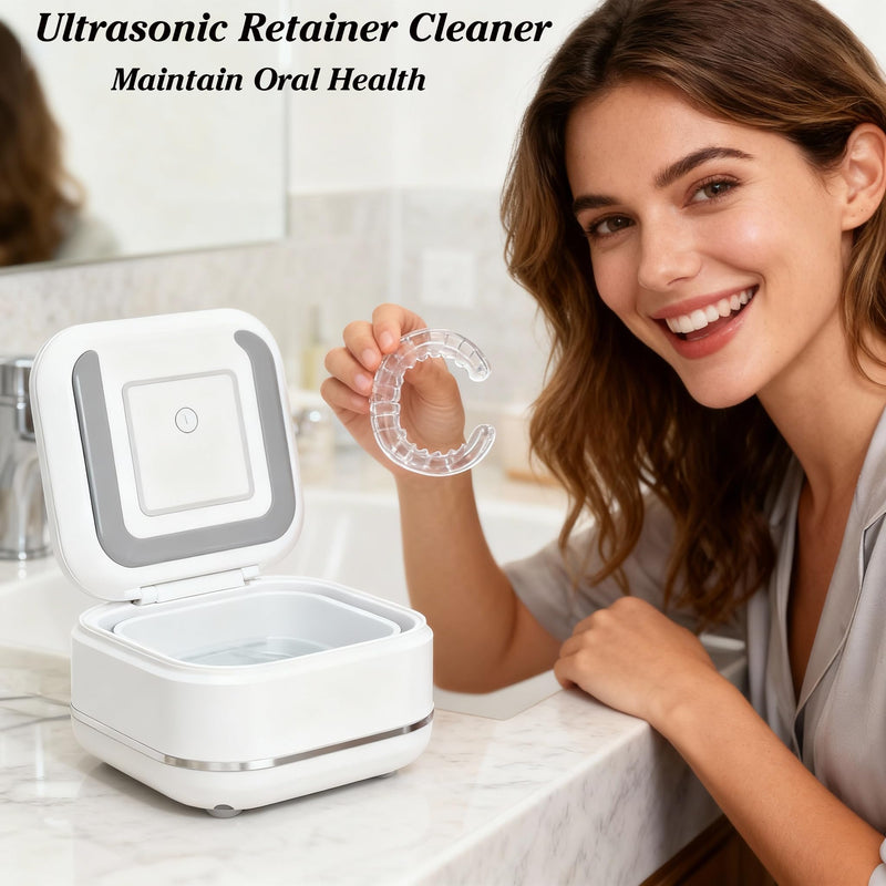 HAUSBELL Dental Pod: Ultrasonic Retainer Cleaner, Denture Cleaner Machine with 8 Cleaner Tablets, Aligner Cleaner, Nightguard Cleaner, Mouthguard Cleaner, Ultrasonic Cleaner with Noise-Reduction Lid Ultrasonic Cleaner - White