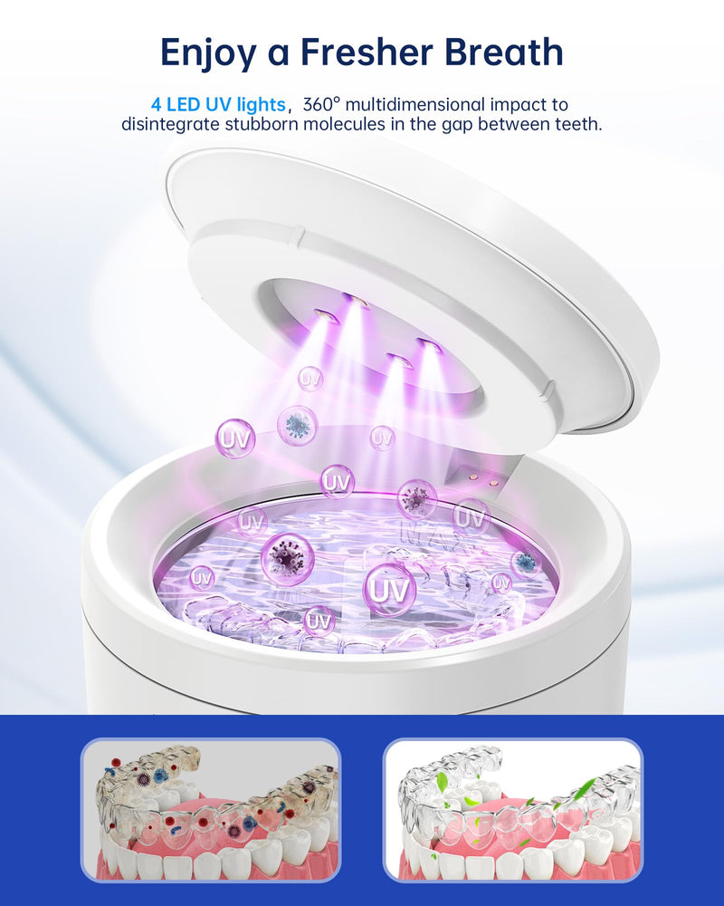 [Australia] - Ultrasonic Retainer Cleaner Machine, 48kHz Retainer Cleaner for Dentures, Night Mouth Guards,Jewelry Cleaner, Aligner, Toothbrush Head, 200ML Portable UV Retainer Cleaning Pod - 2 Modes,White White 