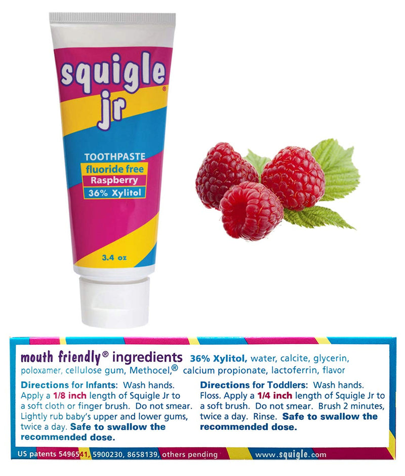 [Australia] - Squigle Jr Toothpaste (for Infants, Toddlers), Travel Toothpaste, Prevents Cavities, Canker Sores, Chapped Lips. Soothes, Protects Dry Mouths. Stops Tooth Sensitivity, No SLS - 2 Pack Raspberry 3.4 Ounce (Pack of 2) 